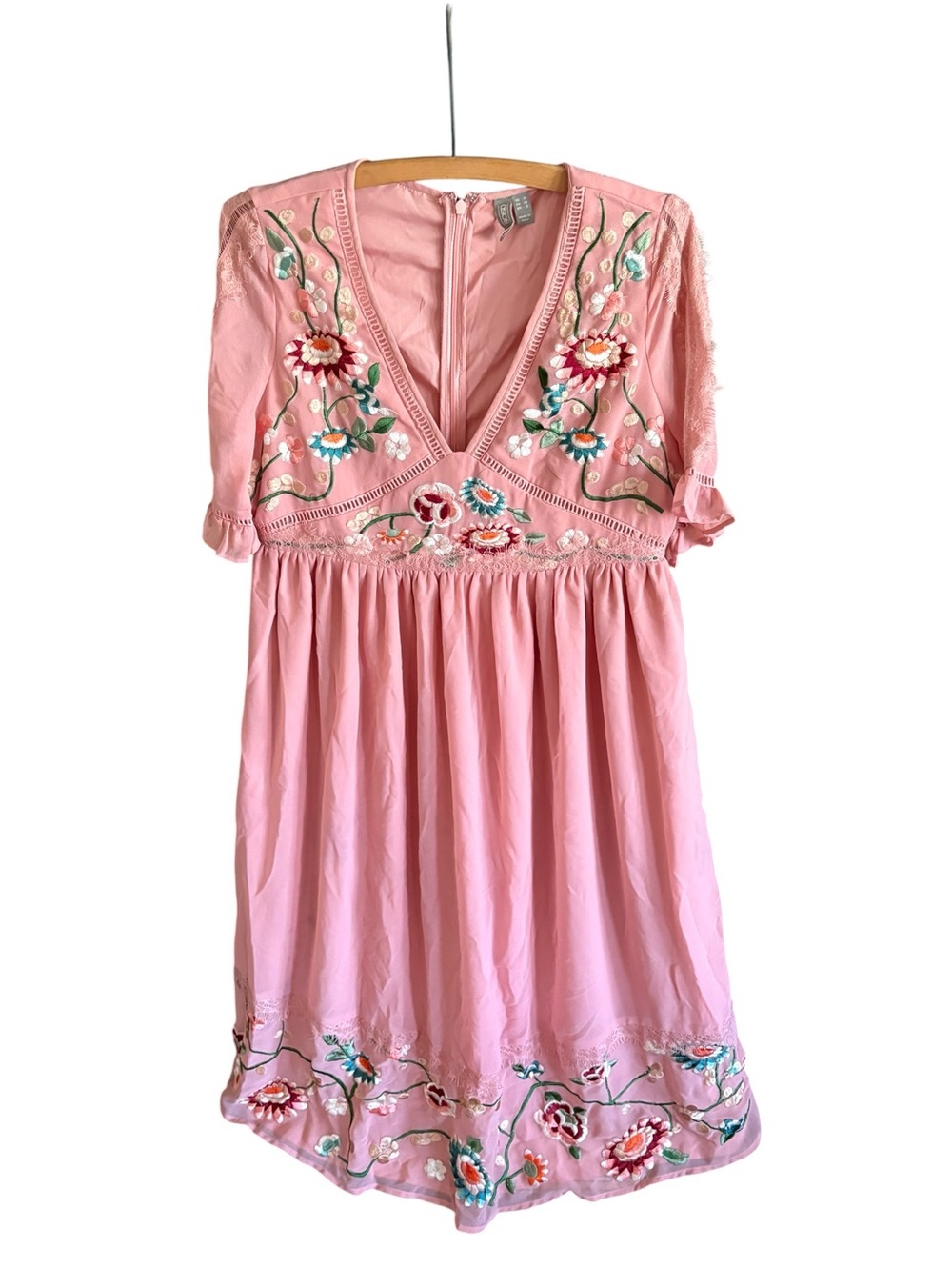 ASOS Pink Embroidered Floral Boho Babydoll Mini Dress US 6 Cottagecore